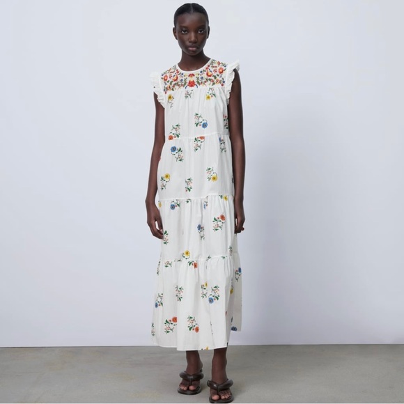 Zara 100% cotton embroidered midi / long dress in size M - Picture 2 of 7